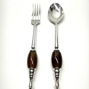Serving Utensils Set Stainless Steel Amber Glass Handle Fork And Spoon Unbranded